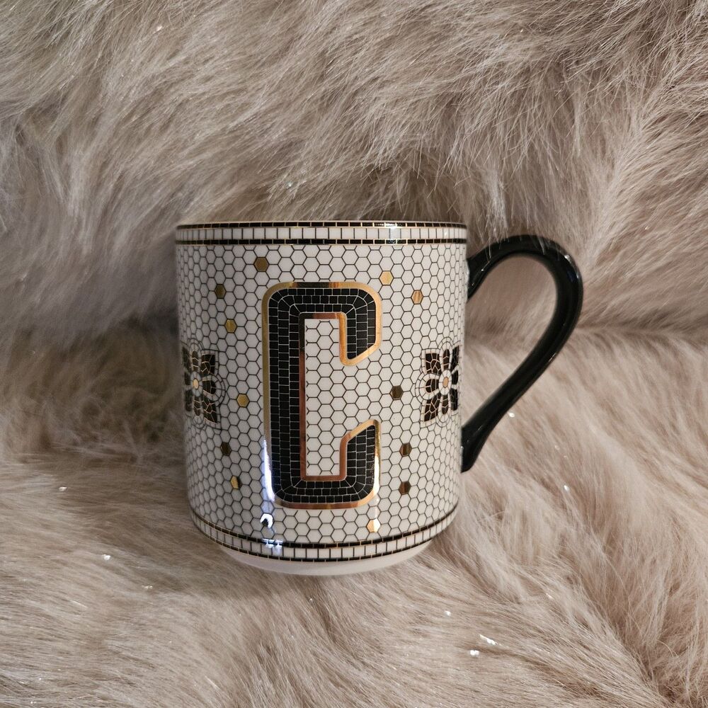 Anthropologie mug initial C white black honeycomb penny tile look w/ gold detail